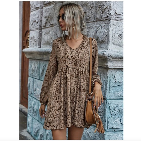 SHEIN Dalmatian Print Tie Neck Smock Dress Khaki - Picture 6 of 15